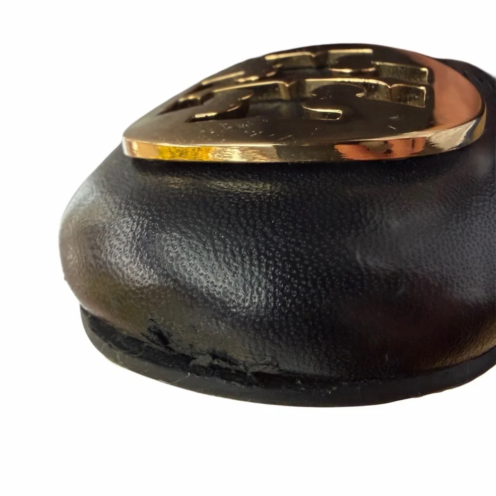 Tory Burch Black Leather Ballet Flats with Gold Logo Medallion‎
